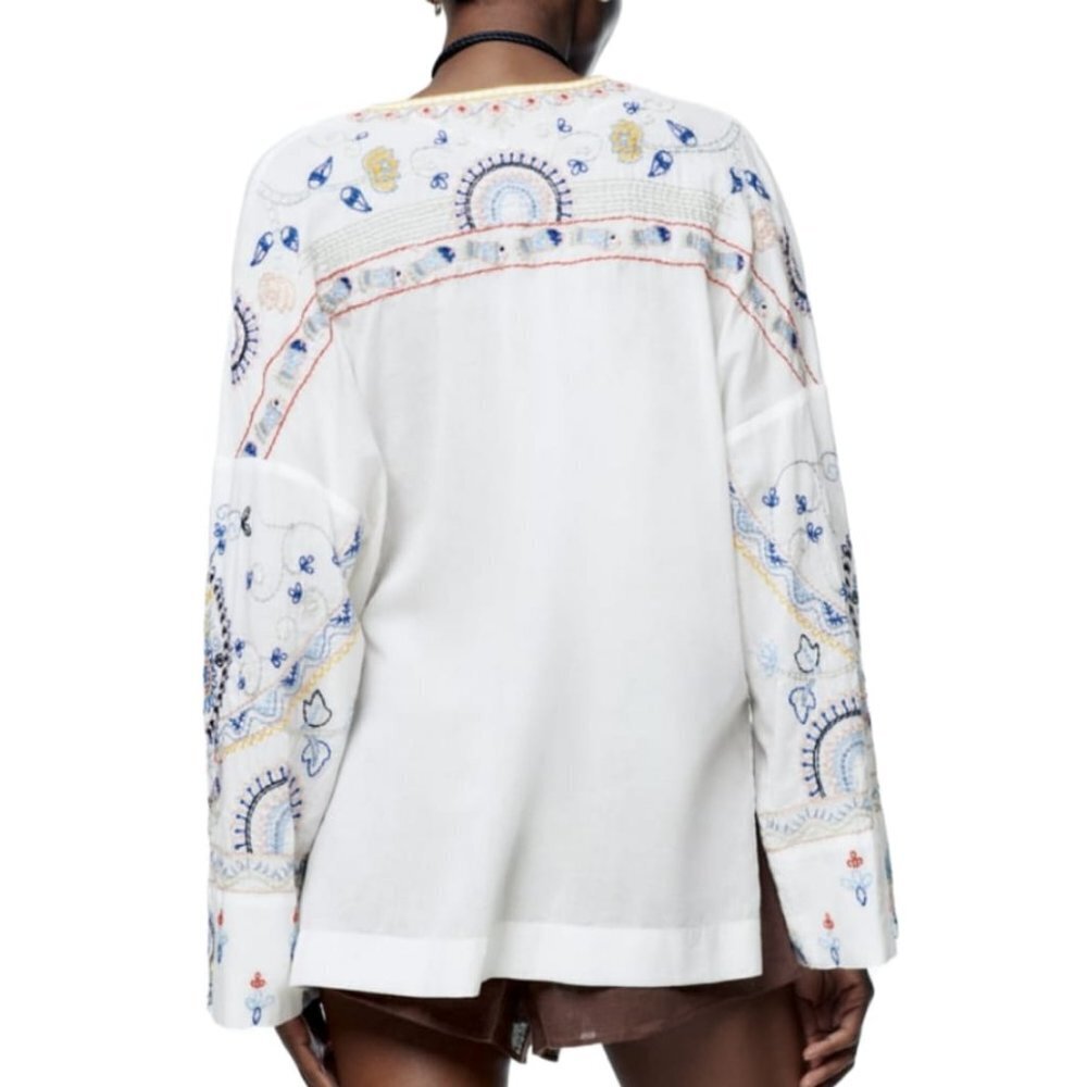 NWT ZARA EMBROIDERED BL Extra Xs XS BlOUSE OYSTER WHITE | 5107/241 - Picture 5 of 7